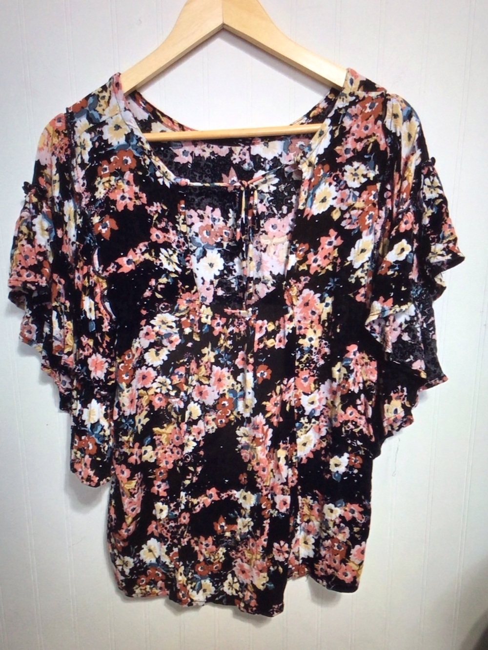 Maurices Black Floral Ruffle-Sleeve Blouse with Pink and Cream Flowers - Picture 2 of 8